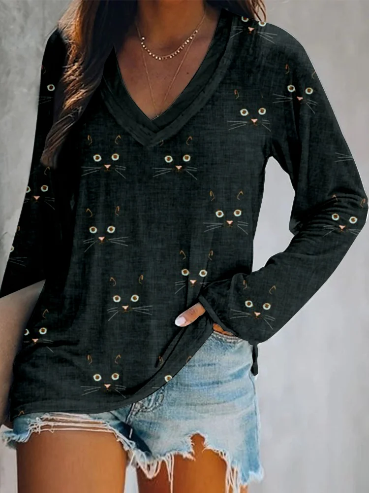 Cute Cat Face Pattern V Neck Casual T Shirt