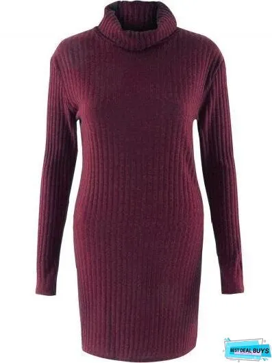 Fashion Long Sleeve Casual High Neck Striped Knit Sweater Dress