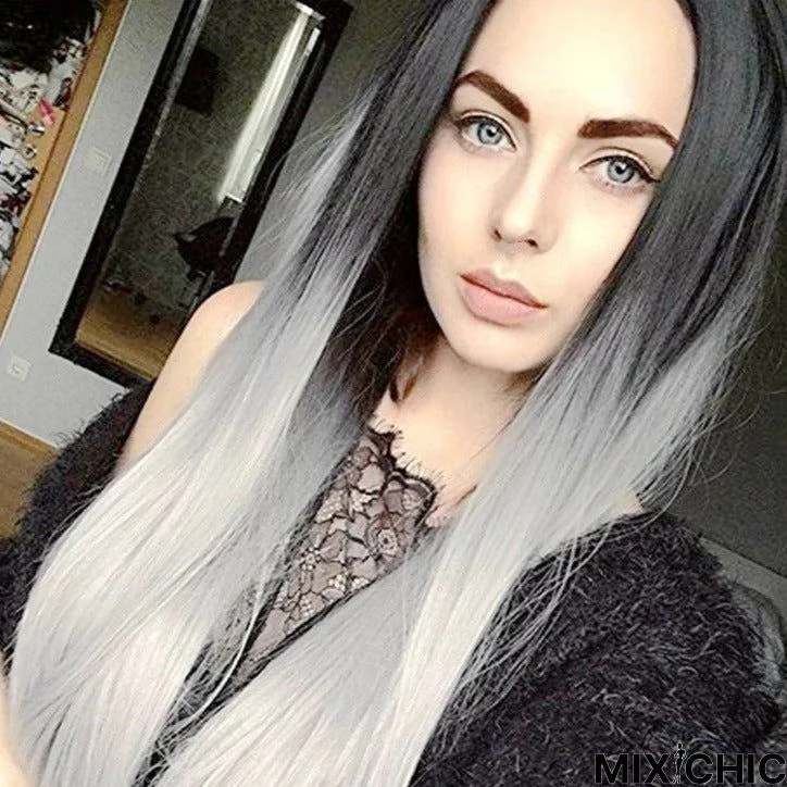 Women's Wig Temperament is Divided Into Long Straight Hair Black Gray Dyeing Gradual Change