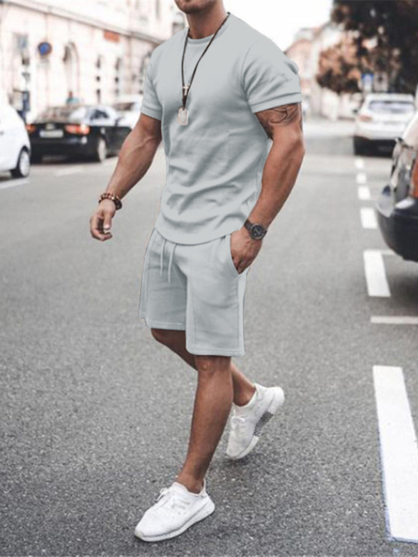 Mature Men Fashion Casual Solid Color Short Sleeve Shorts Suits Two-Piece Set