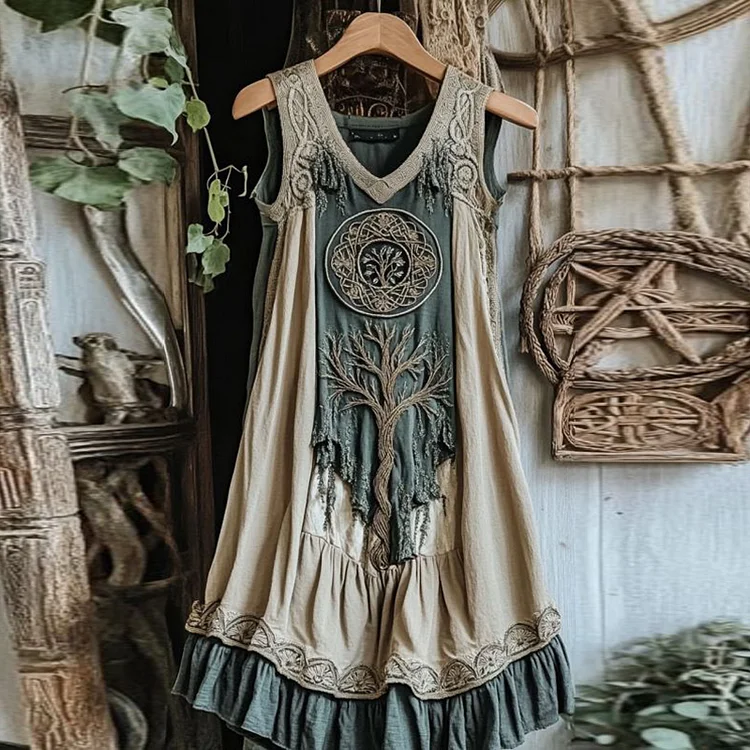 Viking Celtic Knot Patchwork Art Linen Tank Dress