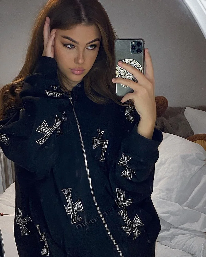 High Street Retro American Rhinestone Hot Rhinestone Cross Jacket