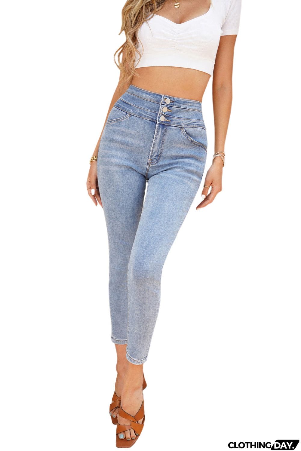 Women's Fashion Light Blue Washed High Waist Buttons Skinny Jeans