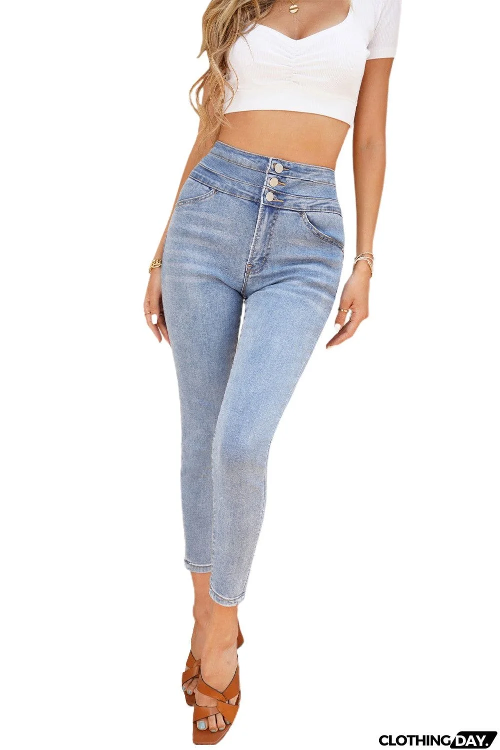 Women's Fashion Light Blue Washed High Waist Buttons Skinny Jeans