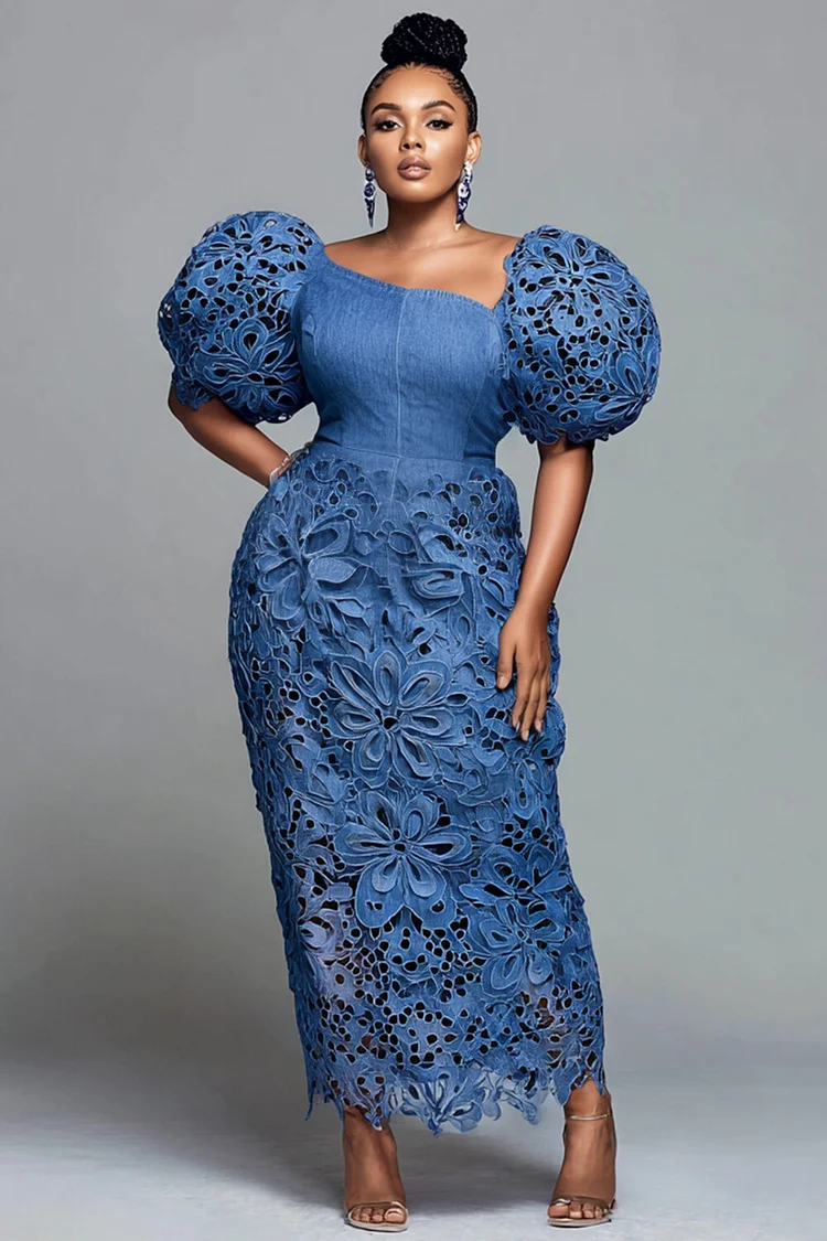 Xpluswear Design Plus Size Cocktail Party Tencel Denim Blue Asymmetrical Collar Puff Sleeve Short Sleeve Cut Out Contrast Guipure Lace Maxi Dresses [Pre-Order] 2024 - Xpluswear