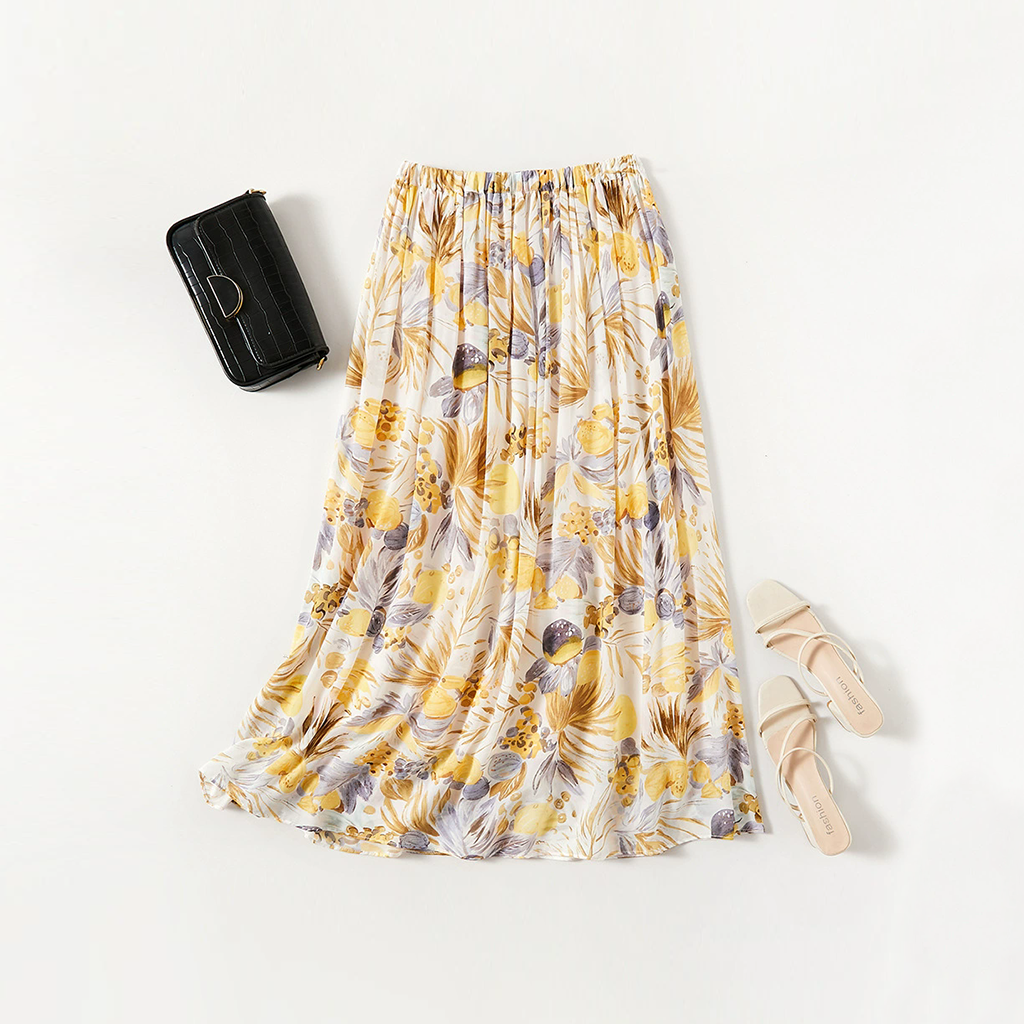 Beach-ready Silk Skirt with Multicolored Floral Prints for Seaside Strolls REAL SILK LIFE