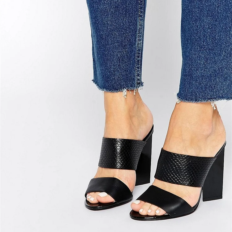 Women's Black Open Toe Mules Python Block Heel Sandals |FSJ Shoes