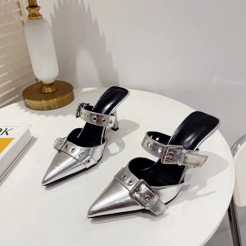 Tanguoant Tanguoant New Pointed Belt Buckle Single Heel Women's Head Silver Back High Heel Sandals Slippers