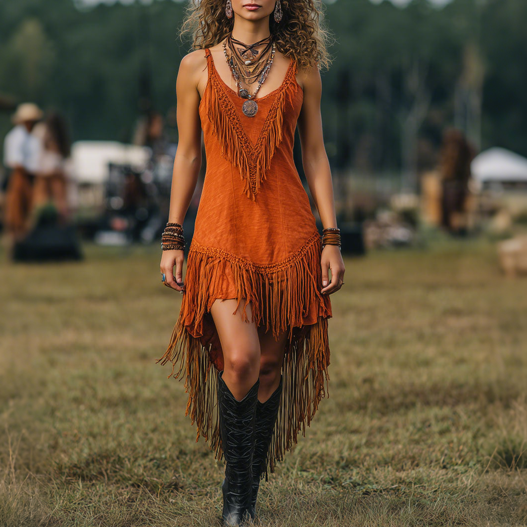 Cotton Bohemian Style Tassel Suspenders Mini Dress
