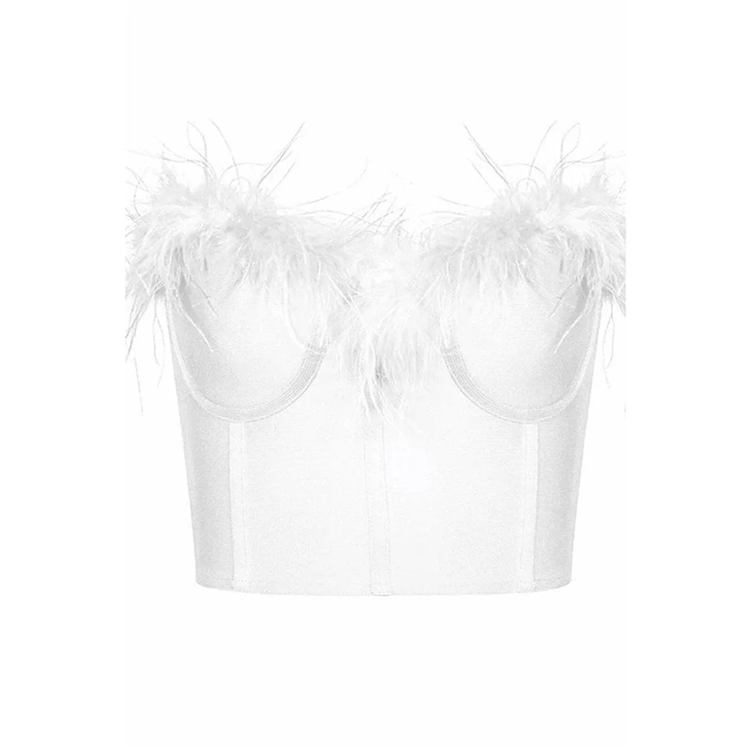 2022 Feather Trim Bandeau Tube Tops Women Strapless Tank Top Summer Corset Vintage Sexy Crop Tops Female Shirts