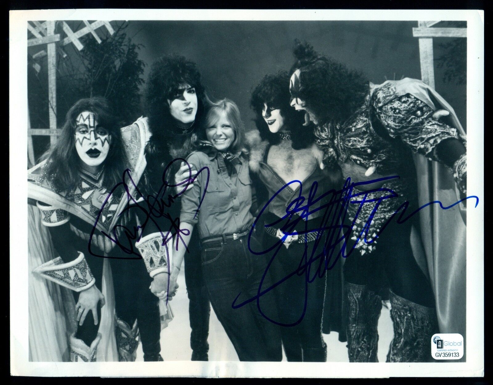 KISS Paul Stanley + Gene Simmons Signed Autograph 7x9.5 Photo Poster painting + Cheryl Tiegs COA