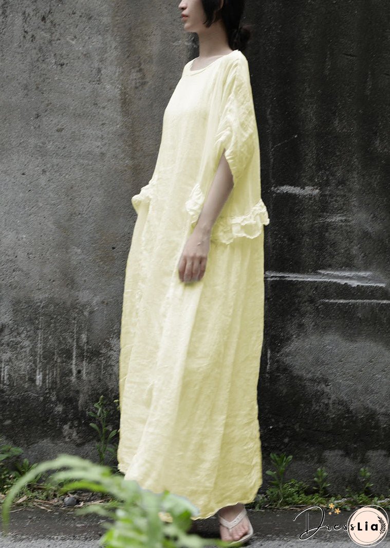 Loose Pink Ruffled Solid Linen Two Pieces Set Summer
