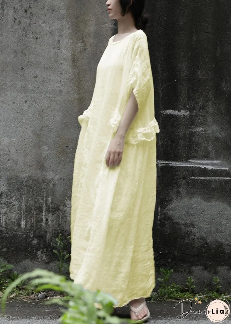 Loose Pink Ruffled Solid Linen Two Pieces Set Summer