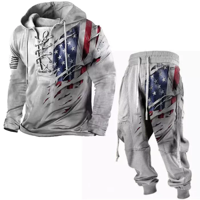 Men's Hooded Lace Up American Flag Graphic Print Sweatshirt Elastic Pants Two Piece Set