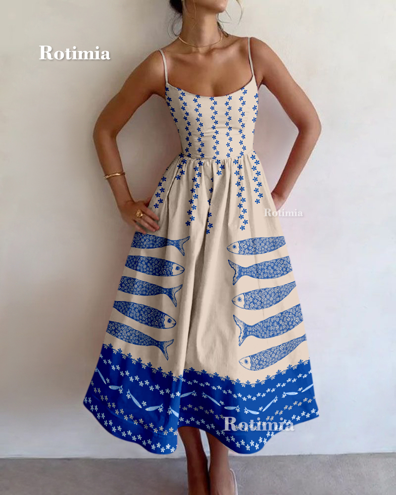 Vintage Blue Fish Print Sling Dress