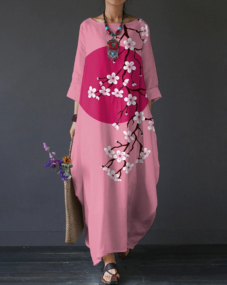 Japanese Full Moon Peach Blossom Linen Blend Midi Dress