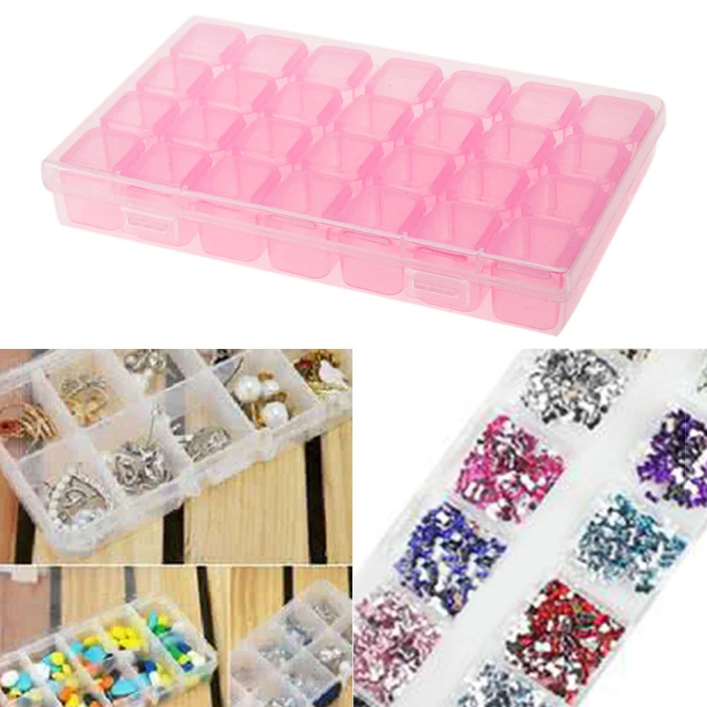28 Grids Plastic Storage Box Nail Rhinestone Jewelry Display Case(Pink)