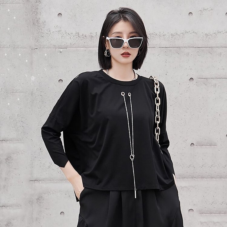 Street Solid Color O-neck Hollow Out Shoulder Splicing Chain Decor Three-quarter Sleeve T-shirt 
