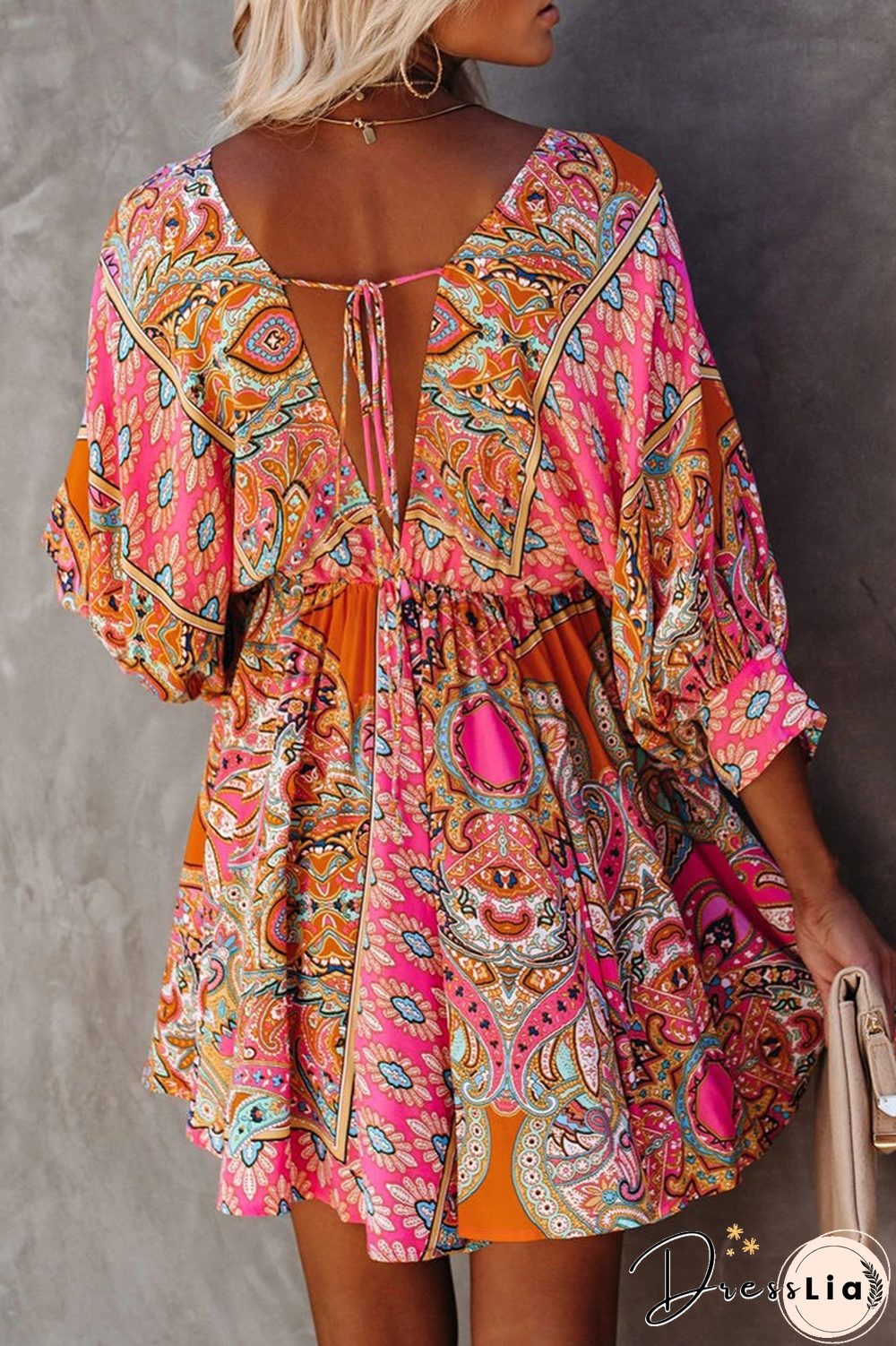 Fashion Elegant Print Frenulum Backless V Neck Dresses