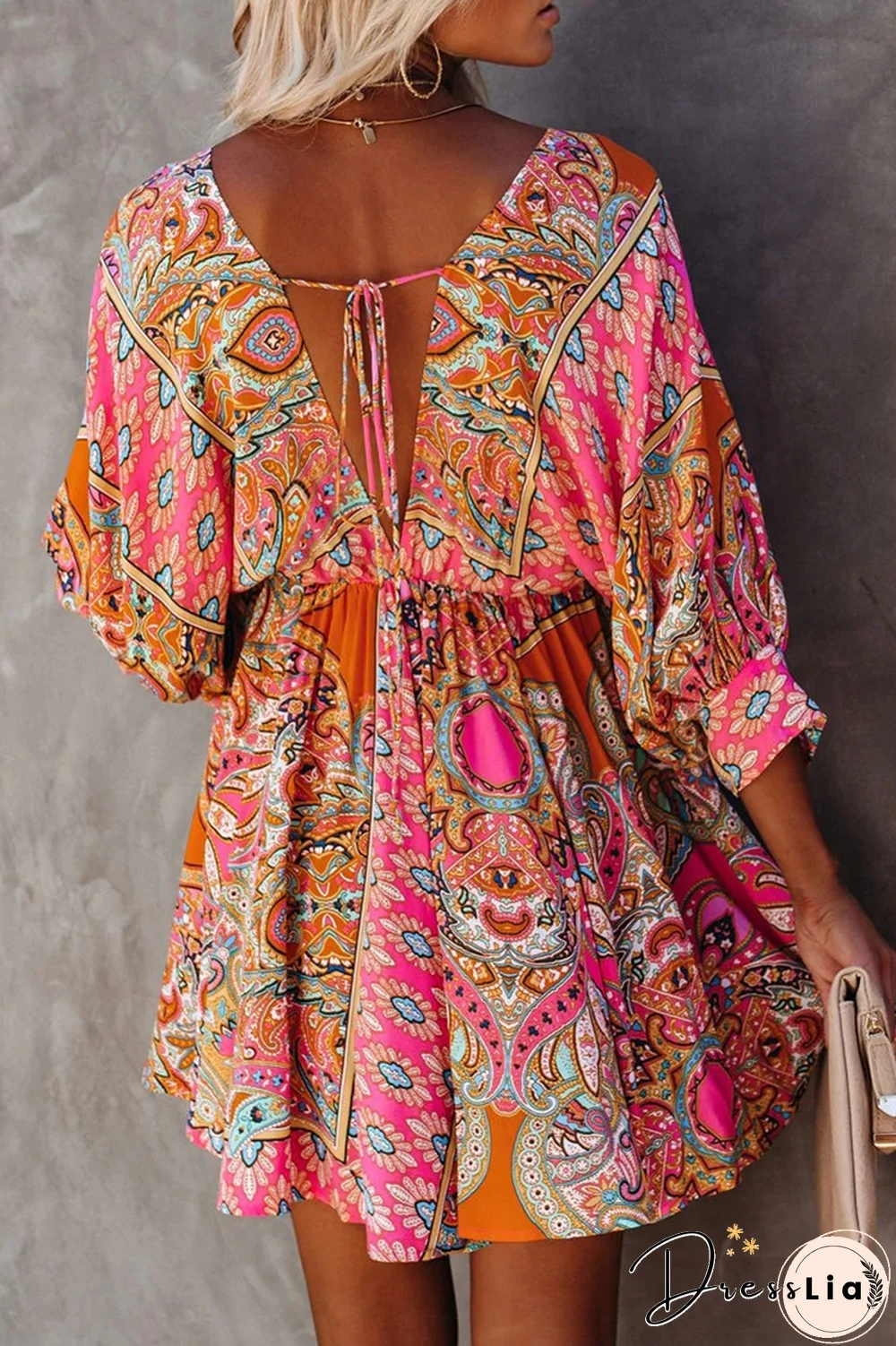 Fashion Elegant Print Frenulum Backless V Neck Dresses