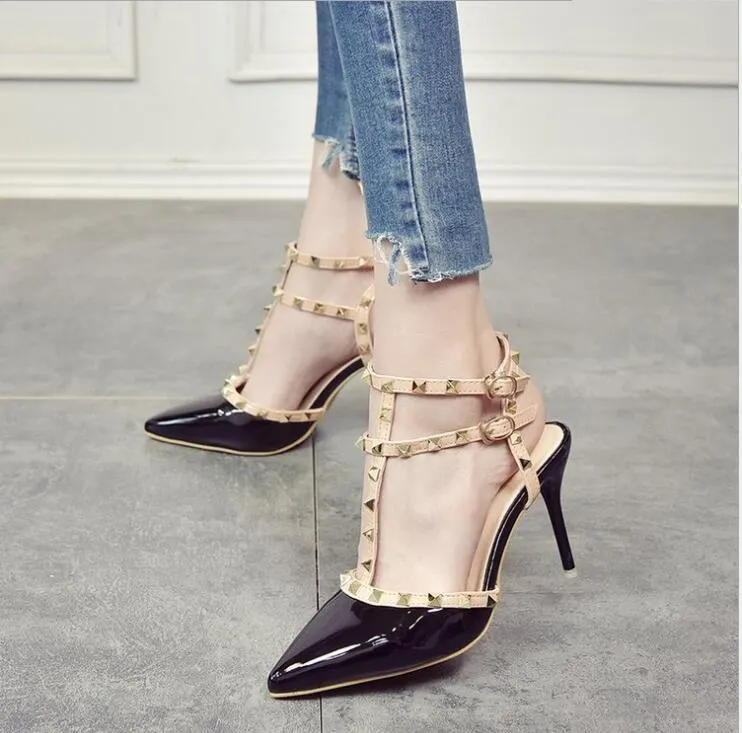2020 New 10CM New High-heeled Shoes Female Pointed Stiletto Sexy Nightclub Word with Rivets Wild Sandals Female Summer