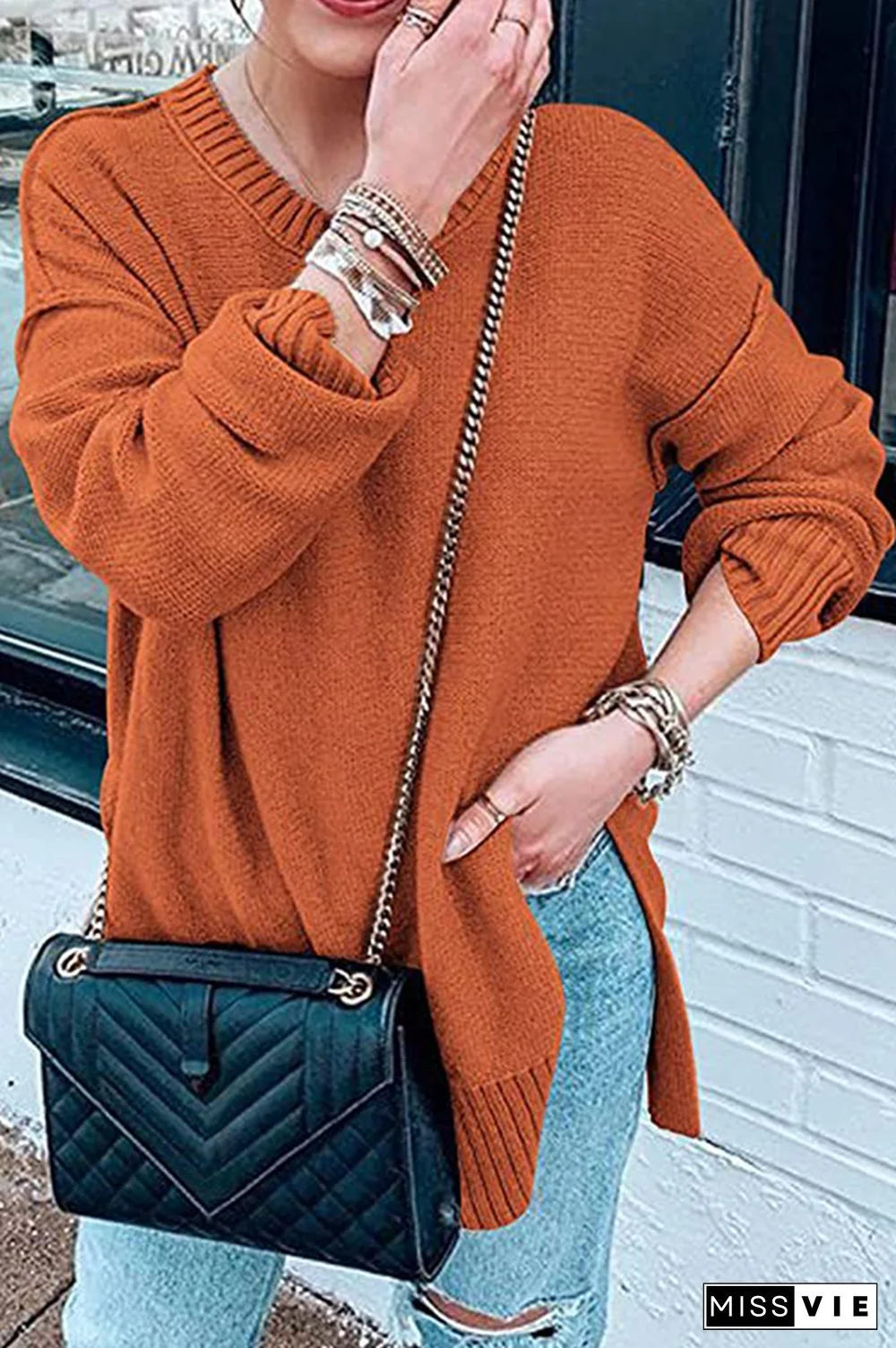 Casual Solid Patchwork Slit O Neck Tops Sweater