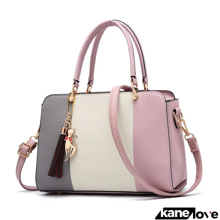 Women Vintage Tassel Decoration Design Color Blocking Large Capacity Shoulder Handle Bag