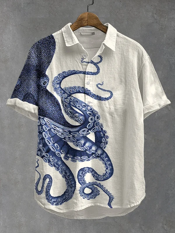 Men's Japanese Art Octopus Graphic Printed Short Sleeve Shirt