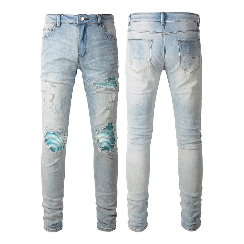 Men's Light Blue Ripped Jeans Patch Slim-Fit Elastic Ripped Rapper Biker Jeans