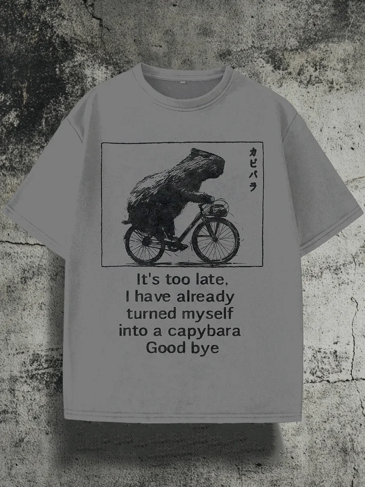 Men's Fun Capybara Riding A Bicycle Print Cotton Washed T-Shirt