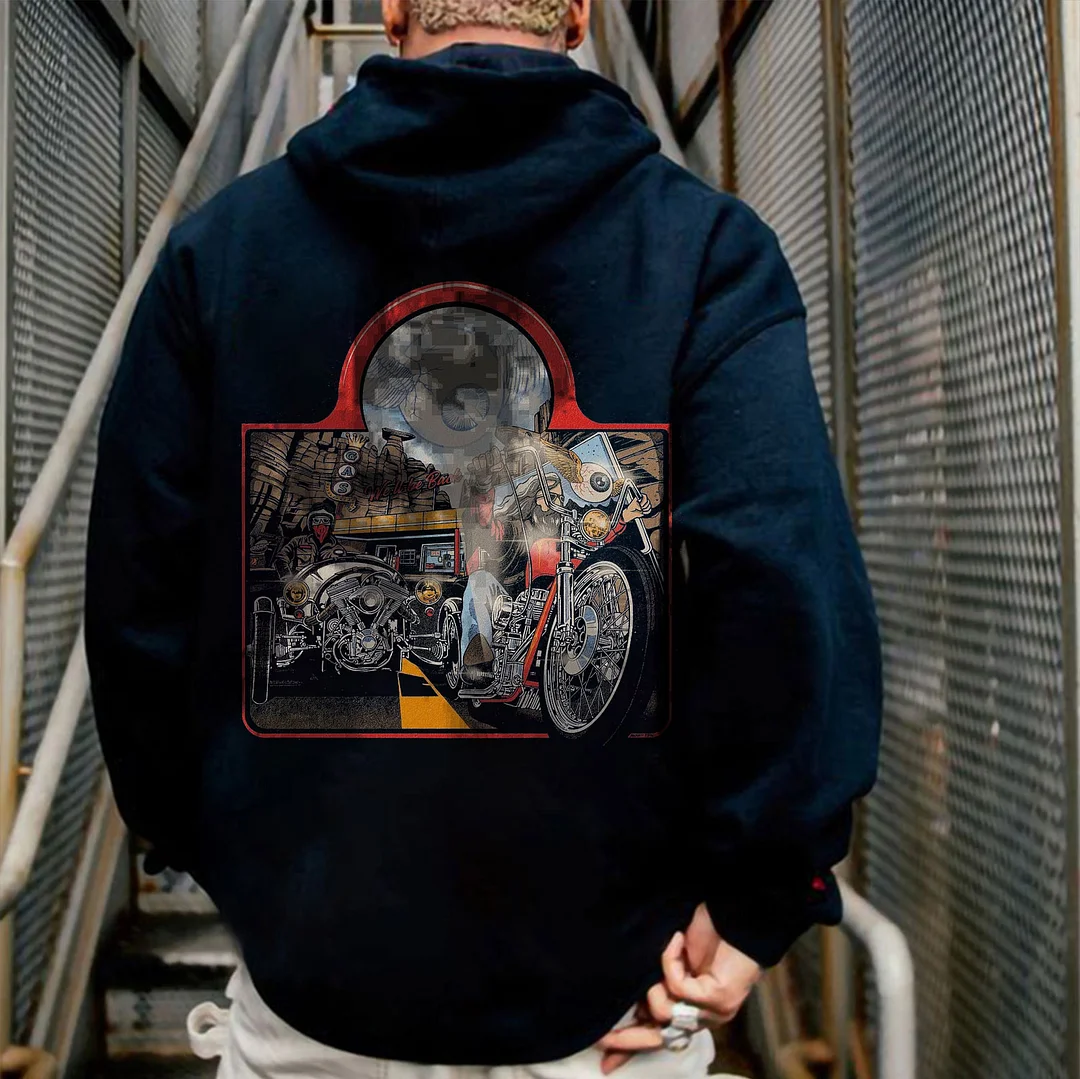 Eye Priest Riding A Motorcycle Industrial Style Graphic Black Print Hoodie