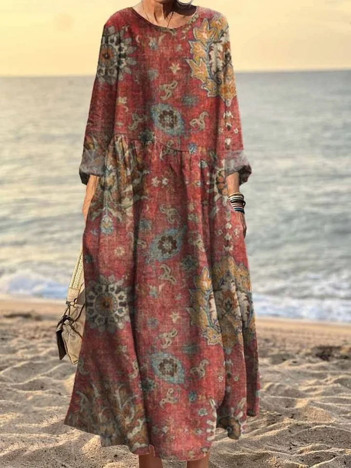 Women's Vintage Ethnic Totem Pattern Print Pocket Cotton Dress