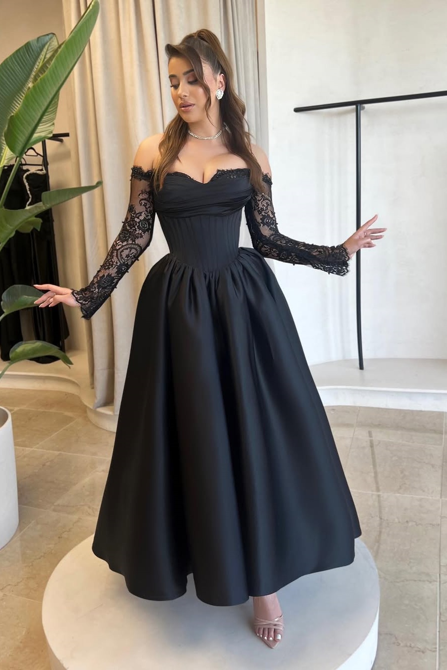 Ovlias Classy Black Off-the-shoulder Long Sleeve Fitted Prom Dress LY0366