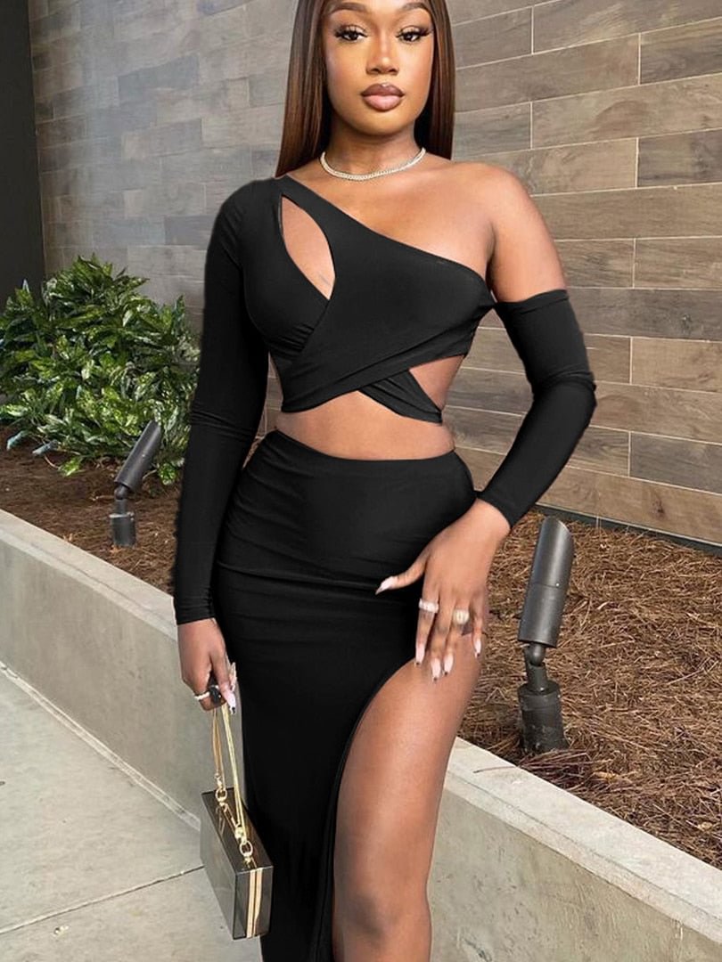 Dulzura Long Sleeve Hollow Out Lace Up Irregular Crop Top Side Slit Midi Skirt Set Streetwear Women 2 Pieces Outfit 2021 Party