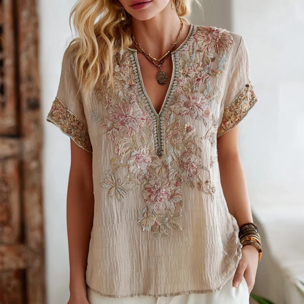 Bohemian Pink Floral Embroidered V-neck Short-sleeved Shirt elevenforest