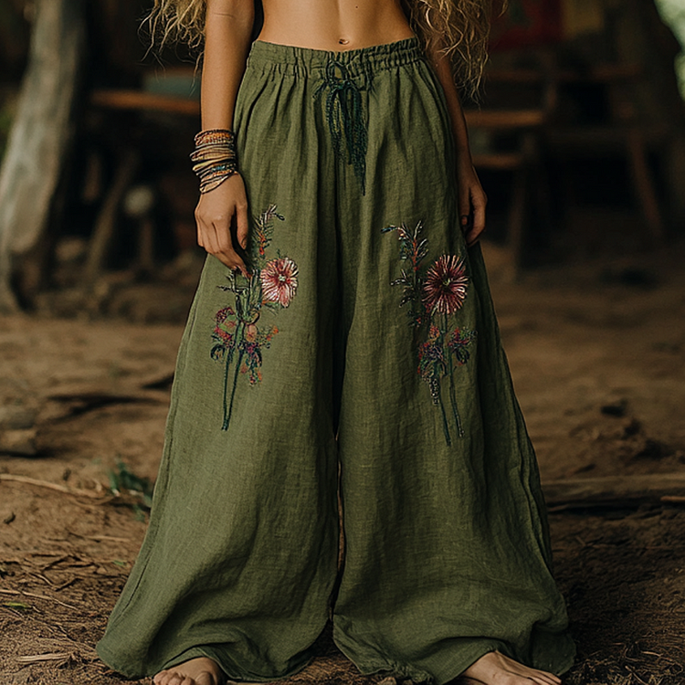 Utbros Vintage Bohemian Resort Forest Floral Ethnic Totem Art Printed Cotton Linen Wide Leg Pants