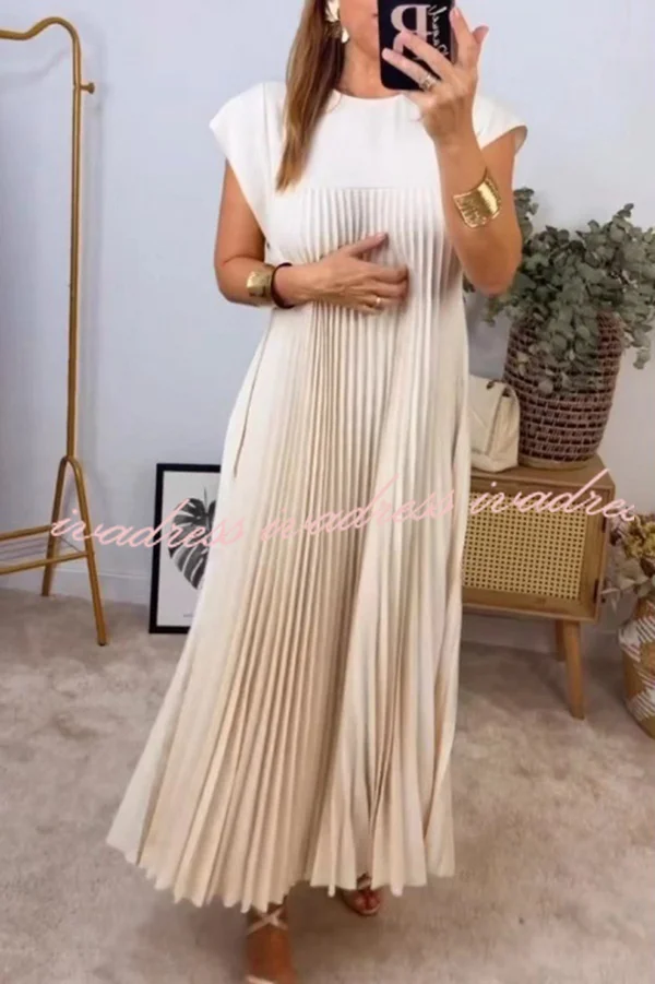 Solid Color Round Neck Sleeveless Pleated Large Hem Maxi Dress
