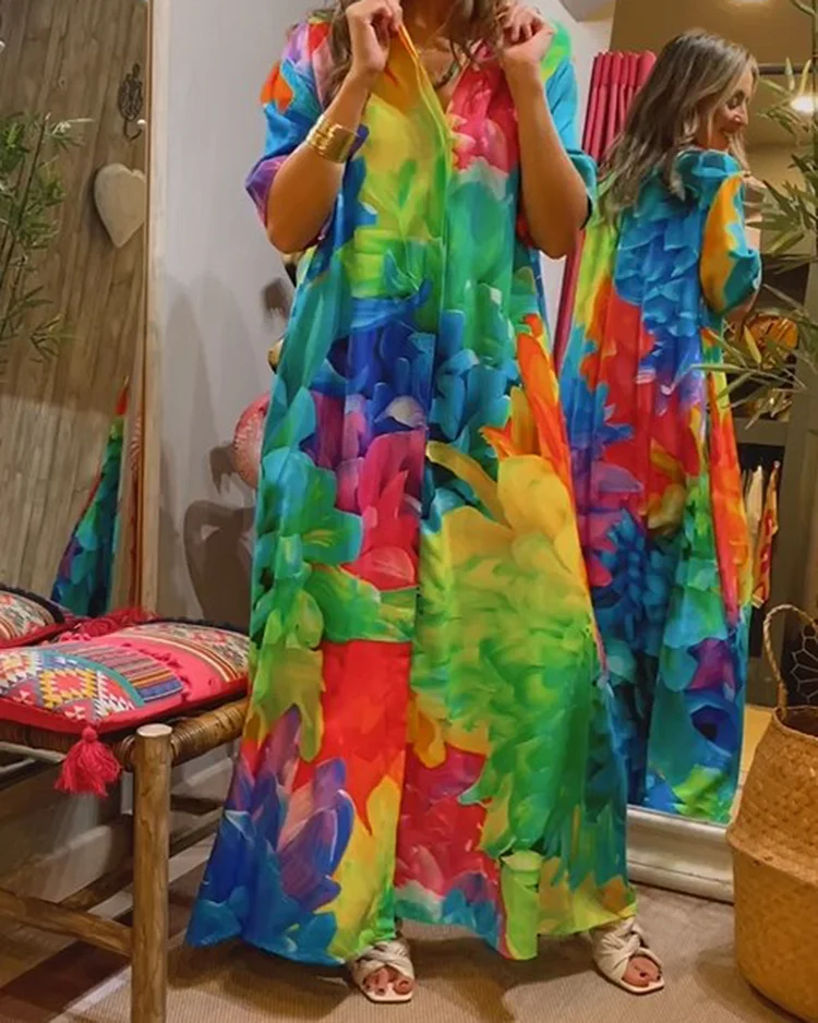 Rainbow Printed Loose Five Sleeve Dress