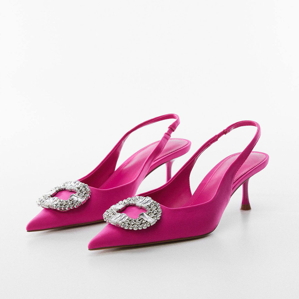 Pink Satin Pointed Toe Kitten Heel Rhinestone Buckle Slingback Pumps Nicepairs