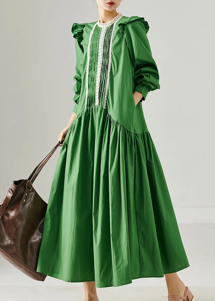 Elegant Green Ruffled Patchwork Wrinkled Cotton Dress Spring
