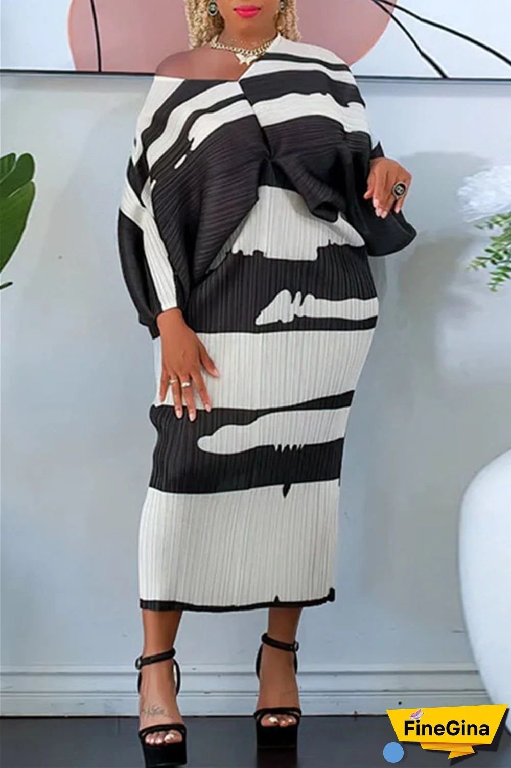 Pink Purple Casual Print Patchwork V Neck Pencil Skirt Plus Size Dresses