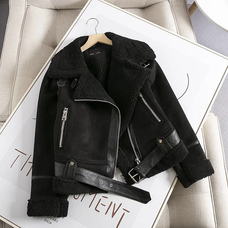 Ailegogo Winter Women Thick Warm Vintage Suede Lamb Biker Jacket Coat Chic Sashes Casual Loose Faux Leather Outwear Tops Female