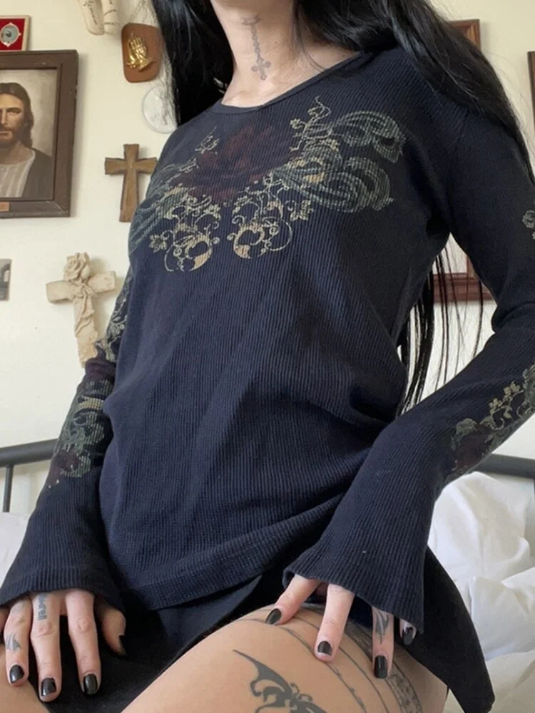 Gitana 2022 Retro Graphic Print Woman T Shirts Autumn Long Sleeve Fairy Grunge Tshirts Dark Academia Slim Crop Top Casual