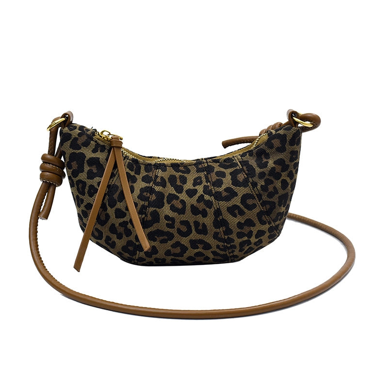 Women’s Canvas Leopard Vintage Style Dumpling Shape Zipper Shoulder Bag Crossbody Bag