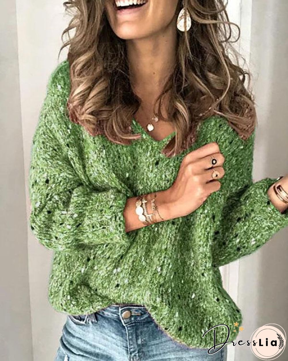 Red V Neck Long Sleeve Sweater