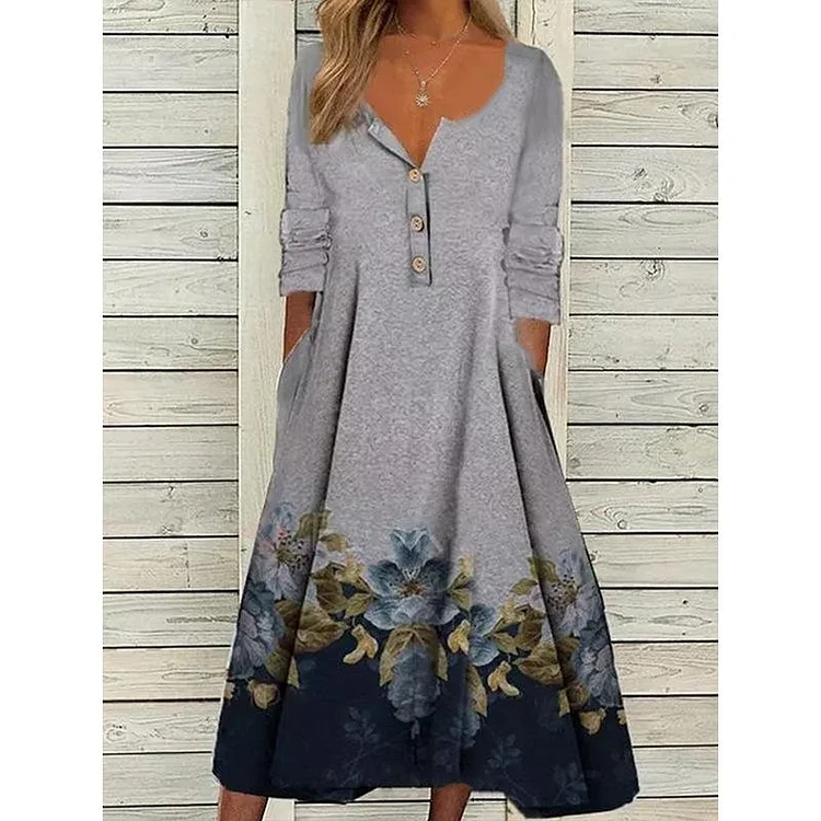 Casual Long-sleeved Button Print Dress