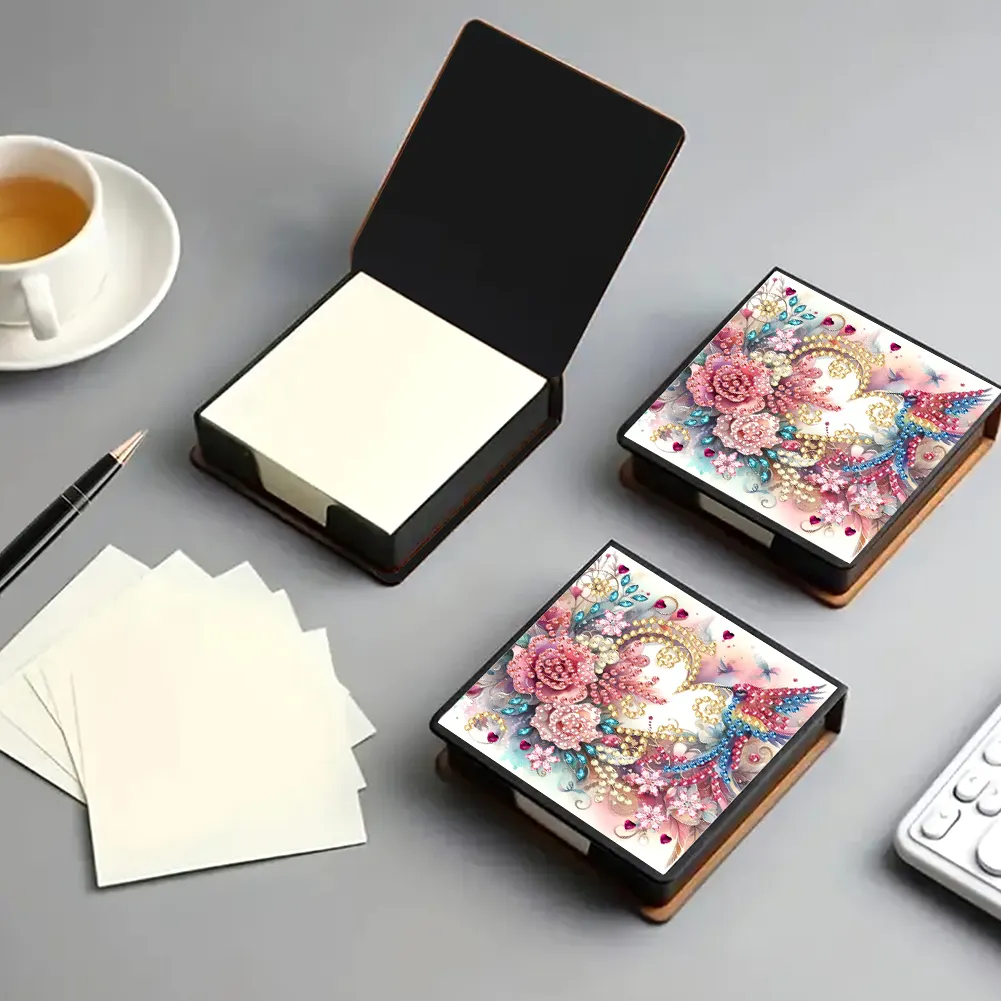 PU Flower Bird Diamond Painting Notecard Box with 160 Sheets of Paper