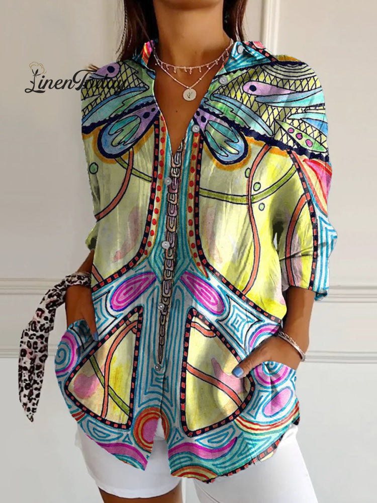 Women’s Retro Colorful Abstract Hippie Art Print Casual Cotton Shirt Multicolor / 3Xl