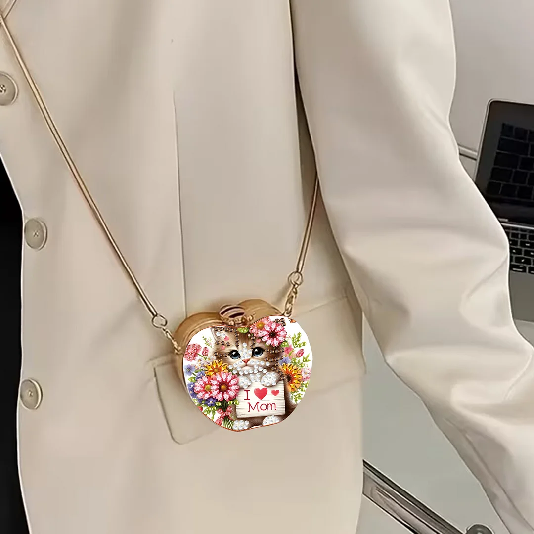 Cats and Flowers DIY Acrylic Love Diamond Art Painting Card Case Wallet with Chain Small Diamond Painting Crossbody Bag for Adults Women Girls Gift