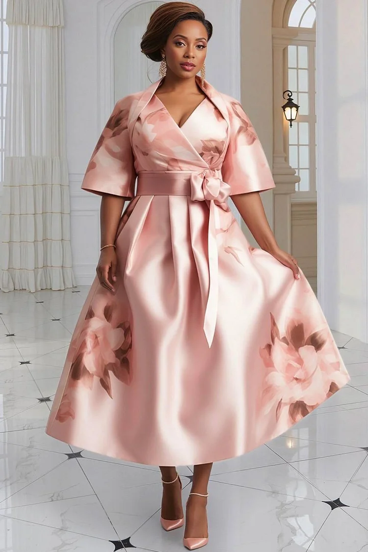 Xpluswear Design Plus Size Mother Of The Bride Pink Floral Wrap Neck Short Sleeve Pocket Elegant 3D Satin Midi Dresses [Pre-Order]